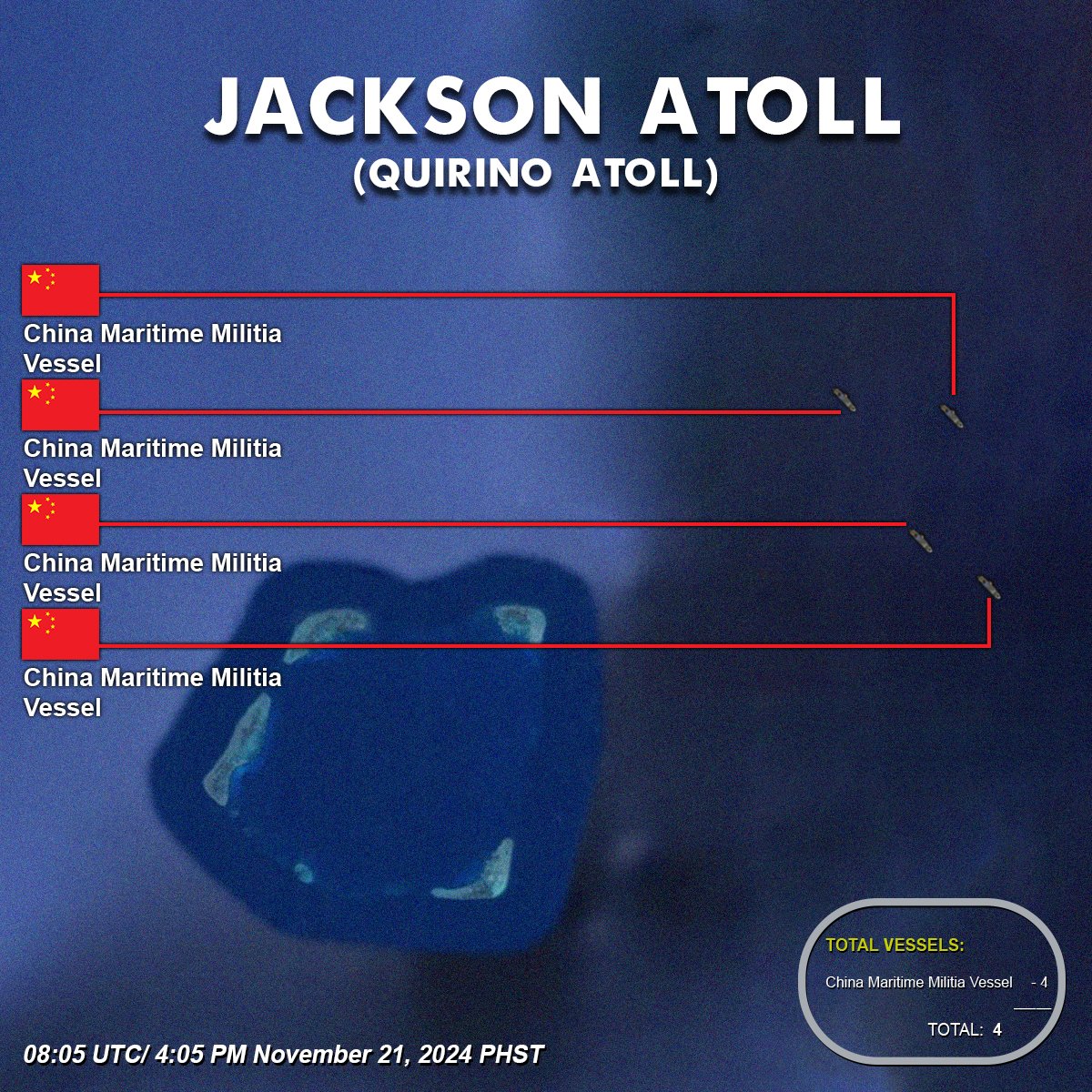 Pacific_Brief's tweet photo. Jackson Atoll (Quirino Atoll) Total of 4 China Vessels.                           
4:05 PM November 21, 2024 PHST                                                      

#JacksonAtoll #QuirinoAtoll #MaritimeAwareness #DailyAwareness https://t.co/huSo7tskRK
