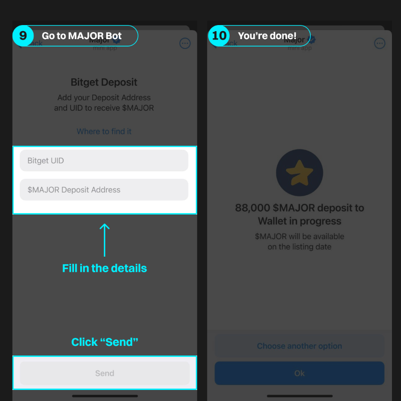 bitget's tweet photo. How to deposit $MAJOR @majoroftelegram to #Bitget with 0⃣ gas fees?⭐️

1️⃣Open MAJOR bot: https://t.co/CxOju0nJcW
2️⃣Find details in Bitget app: see posters
3️⃣Enter your UID &amp; deposit address

🆓Earn an extra $5–$100 in $MAJOR—first come, first served!

Join now!

#MAJORListBitget