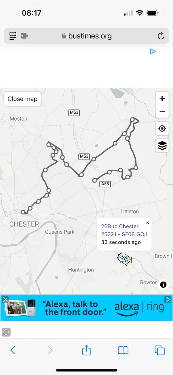 cathcarrington's tweet photo. @StagecoachMCSL Guilden Sutton Oaklands heading to Chester and Ellesmere Port. Map shows where the bus is now. https://t.co/wUzc6Ul7dT