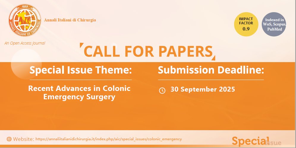 Annali Italiani di Chirurgia (@aic1922) on Twitter photo 📣 We are glad to inform you that a new special issue has been published on our website. Feel free to contact us to enjoy an extra discount.
SI: Recent Advances in Colonic Emergency Surgery
Link: annaliitalianidichirurgia.it/index.php/aic/…
GE: Prof. <a href="/RCirocchi37011/">roberto cirocchi</a> and Dr. Giulio Mari 📣 We are glad to inform you that a new special issue has been published on our website. Feel free to contact us to enjoy an extra discount.
SI: Recent Advances in Colonic Emergency Surgery
Link: annaliitalianidichirurgia.it/index.php/aic/…
GE: Prof. <a href="/RCirocchi37011/">roberto cirocchi</a> and Dr. Giulio Mari