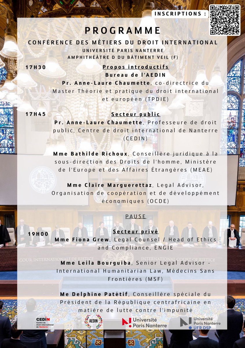 📃L’AEDIN est fière de vous présenter le nouveau programme de la Conférence des métiers du droit international, avec une petite rectification !! Nous accueillons Maître Delphine Patétif !!
Rendez vous le mardi 10 décembre !!