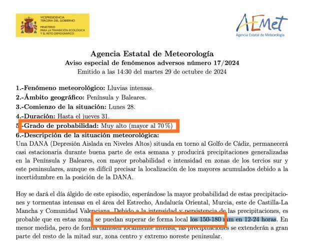 MeteoSE's tweet photo. Hola Nicolás. El aviso decía que había un 70 % de PROBABILIDAD de SUPERAR  los 150-180 mm, que es precisamente el umbral que activa el aviso 🔴 en esa zona.. y eso fue lo que sucedió. 

Echarle menos horas al Twitter y más a los libros de meteo ayuda a comprender los avisos. ☺️ https://t.co/vlWnabYdHR