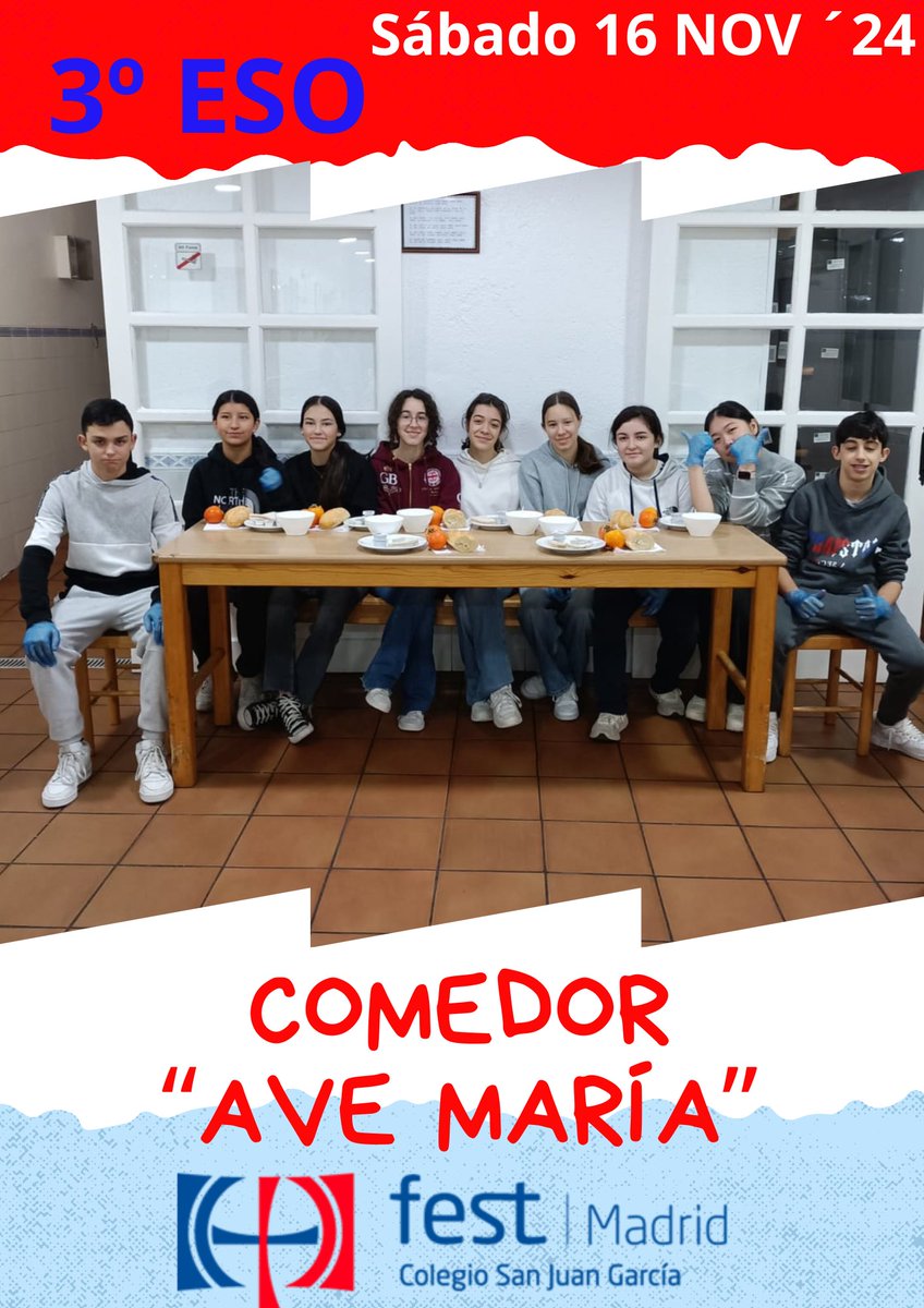 Comedor AVE MARÍA, 
La solidaridad y cercanía de los alumnos de 3º ESO. 
#fest
#colegiosanjuangarcía 
#contigotodocambia