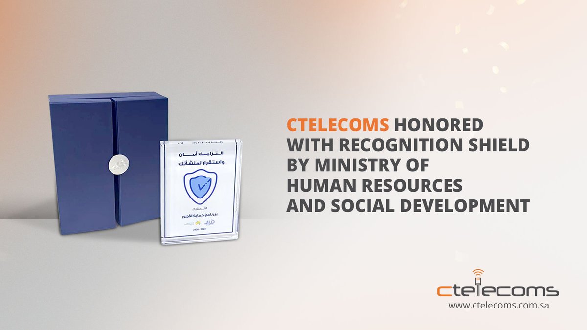 ctelecoms_ksa's tweet image. #Ctelecoms has been awarded 𝘁𝗵𝗲 𝗥𝗲𝗰𝗼𝗴𝗻𝗶𝘁𝗶𝗼𝗻 𝗦𝗵𝗶𝗲𝗹𝗱 𝗯𝘆 𝘁𝗵𝗲 𝗠𝗶𝗻𝗶𝘀𝘁𝗿𝘆 𝗼𝗳 𝗛𝘂𝗺𝗮𝗻 𝗥𝗲𝘀𝗼𝘂𝗿𝗰𝗲𝘀 𝗮𝗻𝗱 𝗦𝗼𝗰𝗶𝗮𝗹 𝗗𝗲𝘃𝗲𝗹𝗼𝗽𝗺𝗲𝗻𝘁!

Read our news:
ctelecoms.com.sa/en/News85/Ctel…

#RecognitionShield #EmployeeCommitment #Human_Resources
