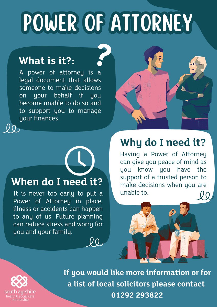 South Ayrshire Health and Social Care Partnership (@sahscp) on Twitter photo Today we are celebrating National Power Of Attorney (POA) Day!  💜
We will be out spreading the awareness and answering your POA questions. Make sure to pop in to see us: 
🔹 9.30am to 11am - Girvan Hospital 
🔹 11.30am - 1.30pm Ayr Hospital
🔹 2pm - 4pm - Biggart Hospital Today we are celebrating National Power Of Attorney (POA) Day!  💜
We will be out spreading the awareness and answering your POA questions. Make sure to pop in to see us: 
🔹 9.30am to 11am - Girvan Hospital 
🔹 11.30am - 1.30pm Ayr Hospital
🔹 2pm - 4pm - Biggart Hospital
