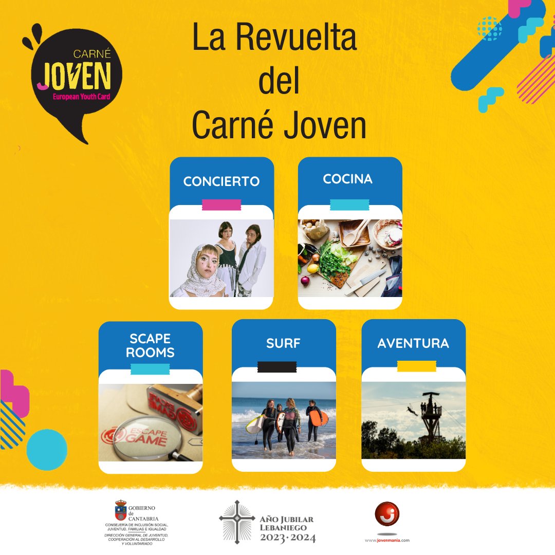 jovenmania's tweet photo. La "Revuelta del Carnet Joven" Actividades exclusivas para los titulares del 🪪Carnet Joven Europeo
🧗Vía Ferrata 
🏄Surf 
🏰Scape Rooms 
👩‍🍳Cocina
🎟️ENTRADAS para el concierto de @aikoelgrupo 

👉https://t.co/E2oDo8PvEg

#carnetjovencantabria #larevueltacarnetjoven https://t.co/mb4J84kzpc