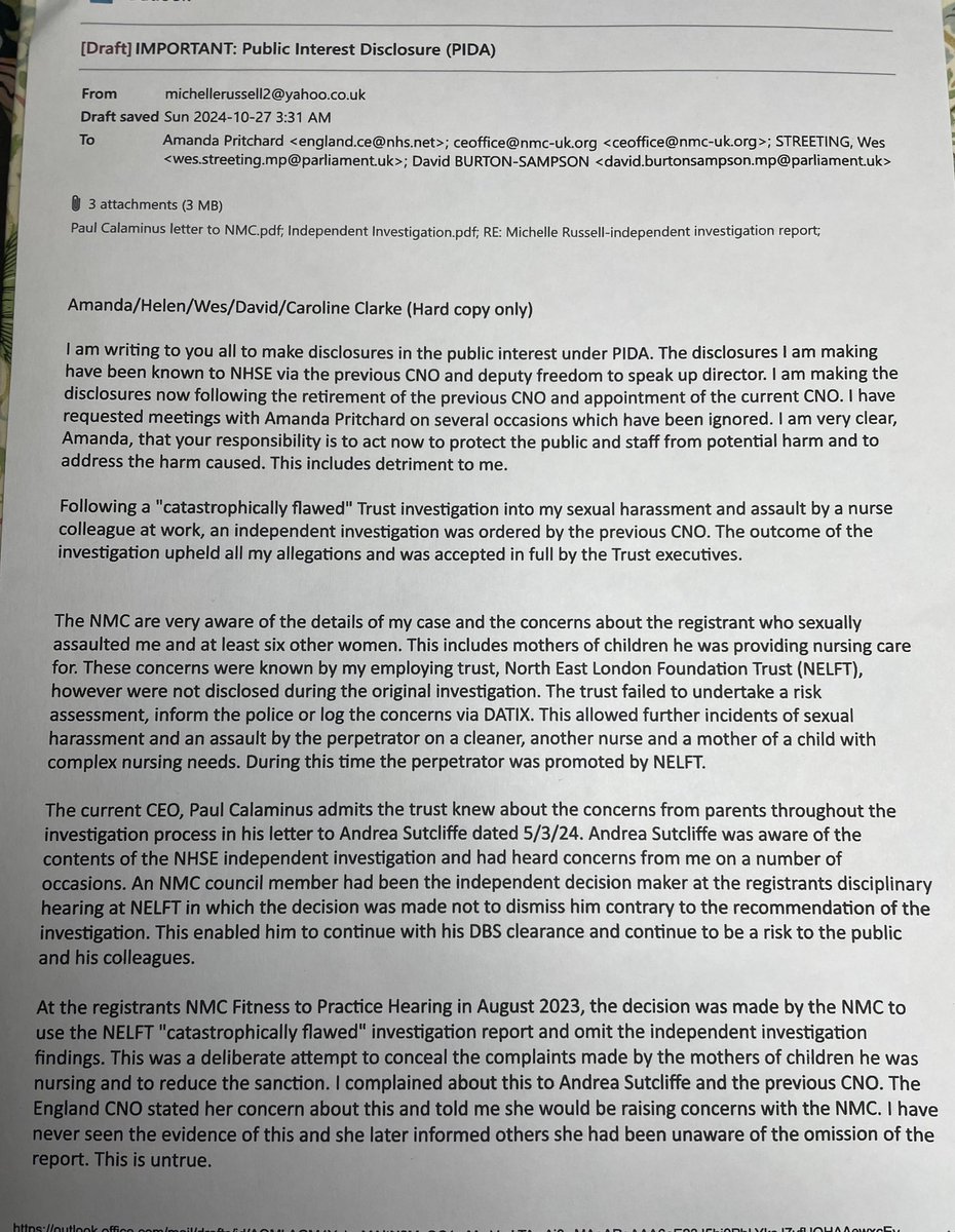 MotherMRuss's tweet image. Just over 3 wks ago I made public interest disclosures to @AmandaPritchard @nmcnews and @DHSCgovuk None of the named recipients have officially acknowledged my disclosures. I’m sorry to all those who access healthcare in this country I tried my best to protect you #Whistleblower