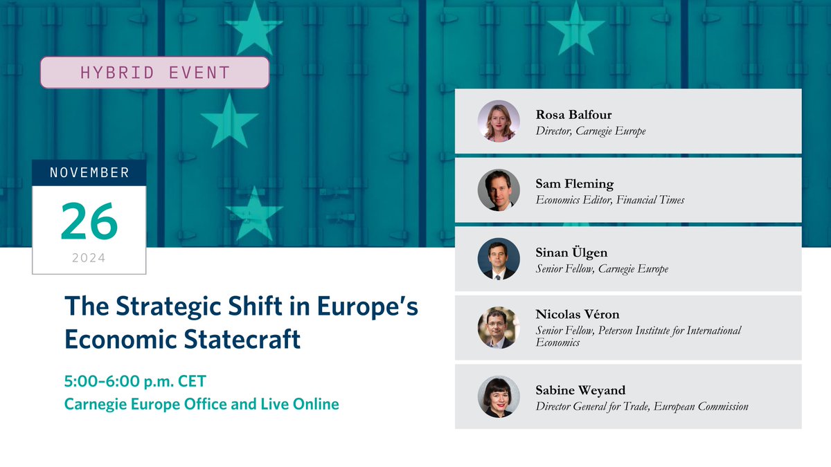 Carnegie Europe (@carnegie_europe) on Twitter photo With its political economic model under threat, how can the EU adapt to the new world order while upholding multileralism?
On Tuesday, <a href="/RosaBalfour/">Rosa Balfour</a>, <a href="/sinanulgen1/">Sinan Ulgen</a>, <a href="/WeyandSabine/">Sabine Weyand</a>, <a href="/nicolas_veron/">Nicolas Veron</a>, & <a href="/Sam1Fleming/">Sam Fleming (FT)</a> will discuss this & more.
Register to join ➡️ carnegieendowment.org/events/2024/11 With its political economic model under threat, how can the EU adapt to the new world order while upholding multileralism?
On Tuesday, <a href="/RosaBalfour/">Rosa Balfour</a>, <a href="/sinanulgen1/">Sinan Ulgen</a>, <a href="/WeyandSabine/">Sabine Weyand</a>, <a href="/nicolas_veron/">Nicolas Veron</a>, & <a href="/Sam1Fleming/">Sam Fleming (FT)</a> will discuss this & more.
Register to join ➡️ carnegieendowment.org/events/2024/11
