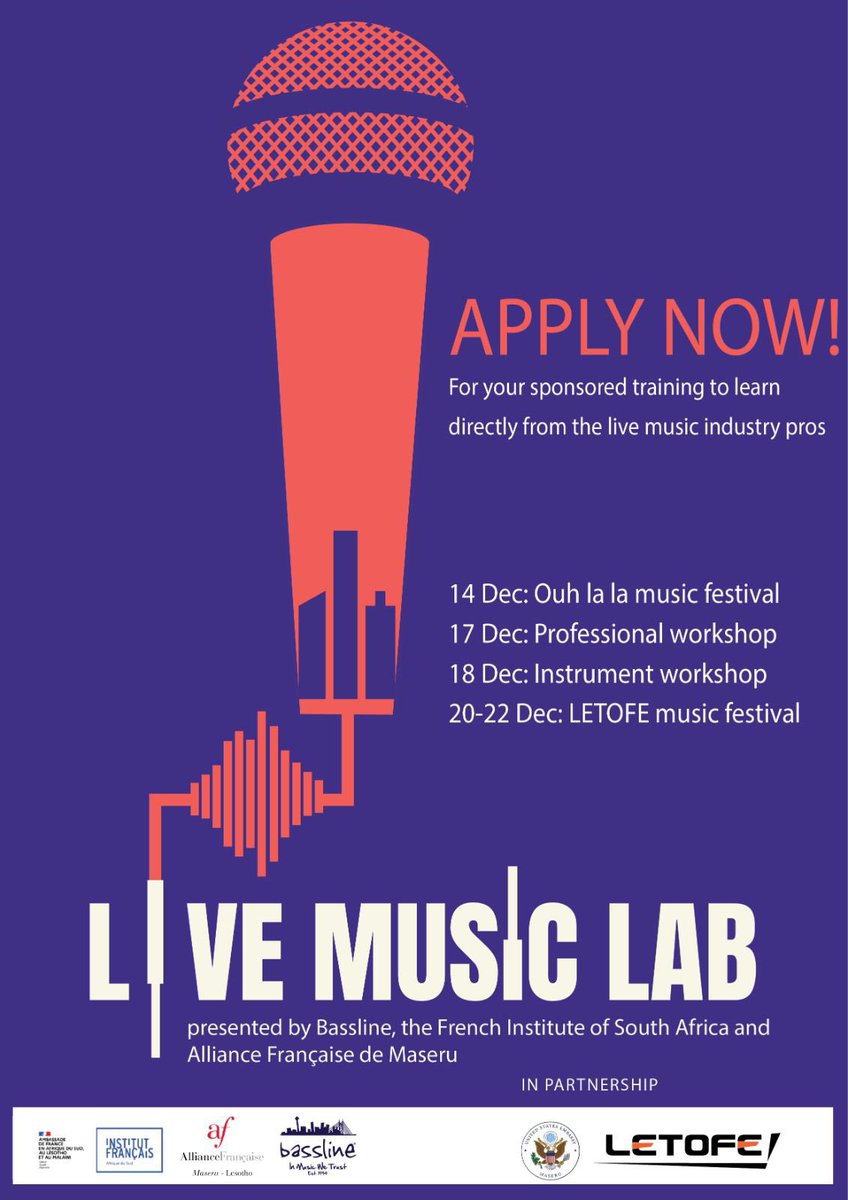 DEADLINE EXTENDED!
CALLING ALL ASPIRING MUSICIANS IN MASERU! 

APPLY NOW for a chance to join the Live Music Lab: Maseru Edition - a FREE 2 day workshop for young musicians! 

Application deadline extended Monday 25 Nov.

Apply through this Google Form: bit.ly/48HHrZl