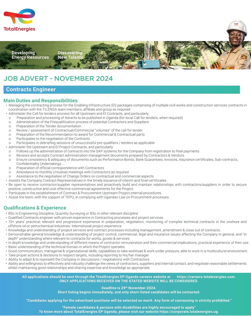 TotalEnergies Uganda (@totalenergiesug) on Twitter photo #JobOpportunity
Here is your opportunity to join our dynamic team at
<a href="/TotalEnergiesUG/">TotalEnergies Uganda</a> as Contracts Engineer.
🔎What to do:
✅Review the advert and job requirements.
✅Review & update your CV & cover letter.
✅Submit your application.
🗓️Deadline: 29th November 2024
🔗Details: #JobOpportunity
Here is your opportunity to join our dynamic team at
<a href="/TotalEnergiesUG/">TotalEnergies Uganda</a> as Contracts Engineer.
🔎What to do:
✅Review the advert and job requirements.
✅Review & update your CV & cover letter.
✅Submit your application.
🗓️Deadline: 29th November 2024
🔗Details: