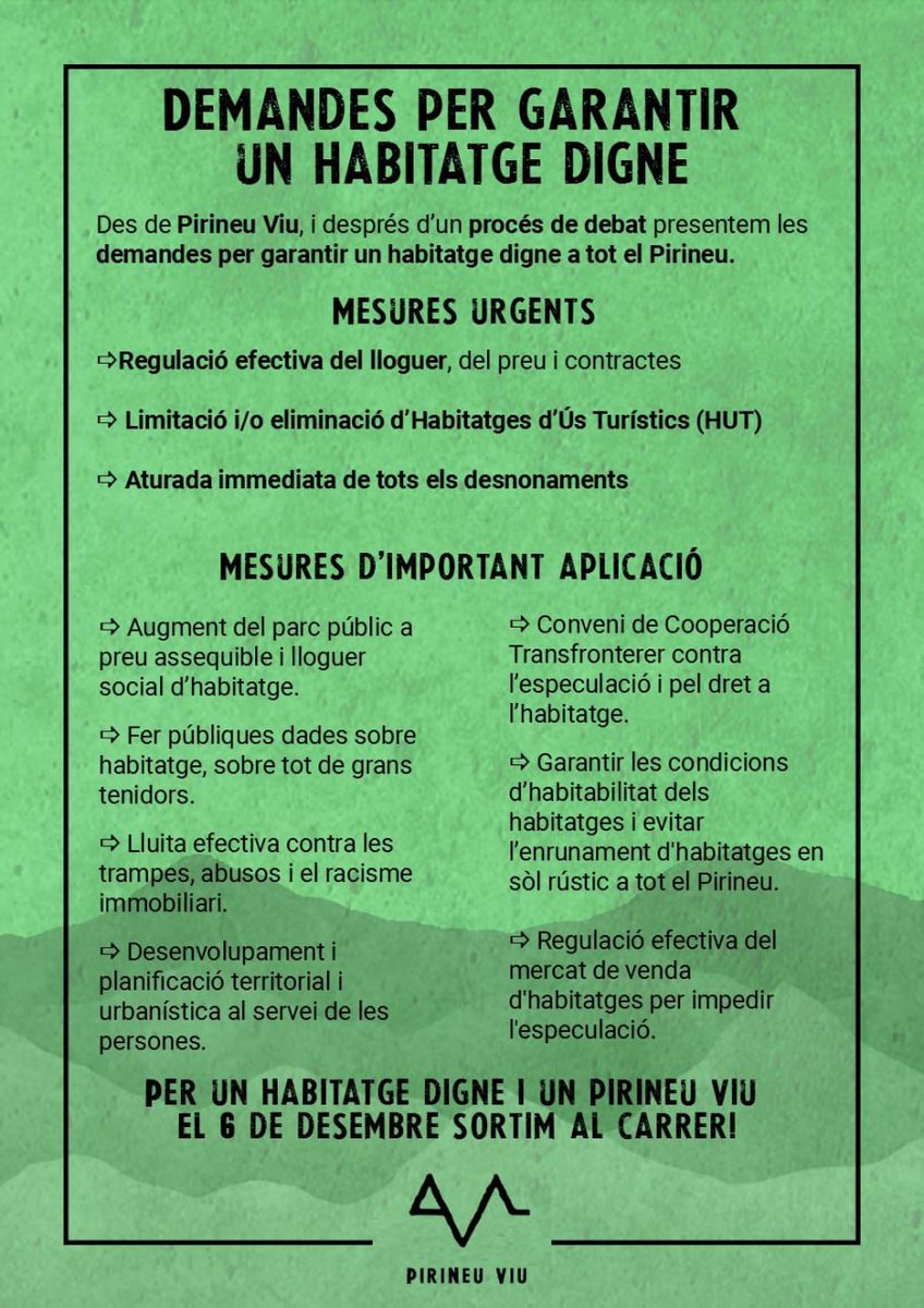 ✊El 6D sortim al carrer per un habitatge digne! 🌋

🏘️No és una utopia, des de Pirineu Viu plantegem una sèrie de mesures per garantir l'accés a un lloc per viure dignament per totes les persones que volem viure al Pirineu! 

 👉pirineuviu.cat/wp-content/upl…