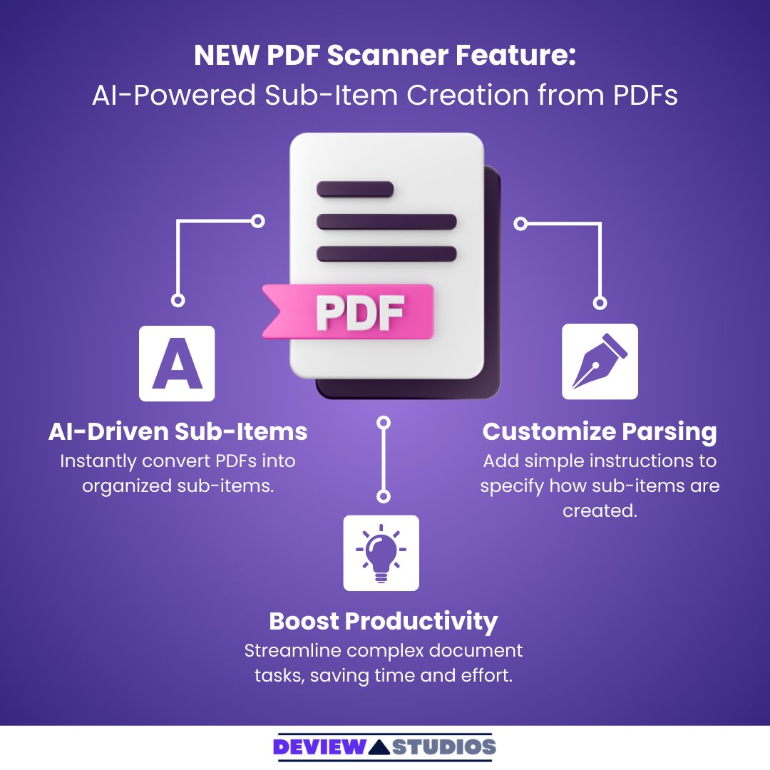 DeviewStudios's tweet image. ✨ New PDF Scanner Feature!
📄 Use AI to break down PDFs into organized sub-items in monday.com. Just add instructions, and let the automation boost your productivity!

Simplify document management today. 🔗  deview-studios.com/pdf-scanner-fo…

#PDFScanner #WorkflowAutomation