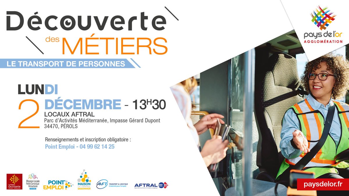🚌 Découvre les métiers du transport de personnes !

 📅 RDV le 02/12 à 13h30 à Pérols.
 🚦 Au programme : formations (contrats, salaires, aides), échanges avec des pros.

 📩 Infos et inscriptions : 04.67.83.37.41