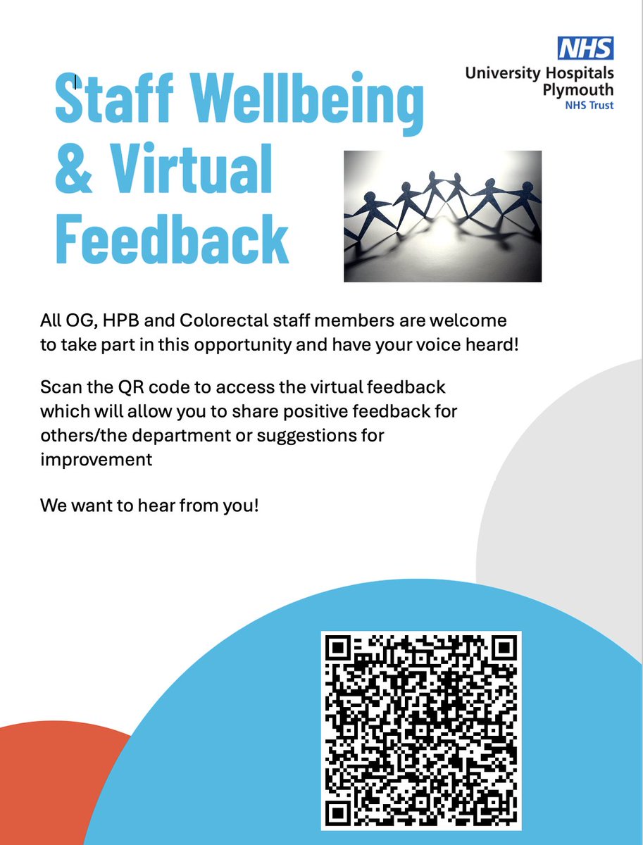 For all of our staff in the HPB, OG and Colorectal teams please look out for our Wellbeing and feedback form in the corridors. Scan the QR code to share your feedback on how to improve our service line. We cant wait to hear from you!