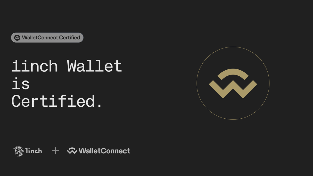 📣 The #1inchWallet is officially <a href="/WalletConnect/">WalletConnect</a> Certified!

We’re proud to be a part of the initiative to make onchain UX more useable 🫶

Take a look at our golden badge on WalletGuide:  walletguide.walletconnect.network