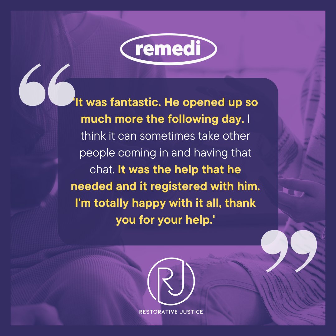 Remedi’s Restorative Justice team recently received this excellent feedback from a Cumbrian mum after a meeting with her son <a href="/RJCouncil/">Restorative Justice Council</a> <a href="/RemediRj/">Remedi</a>