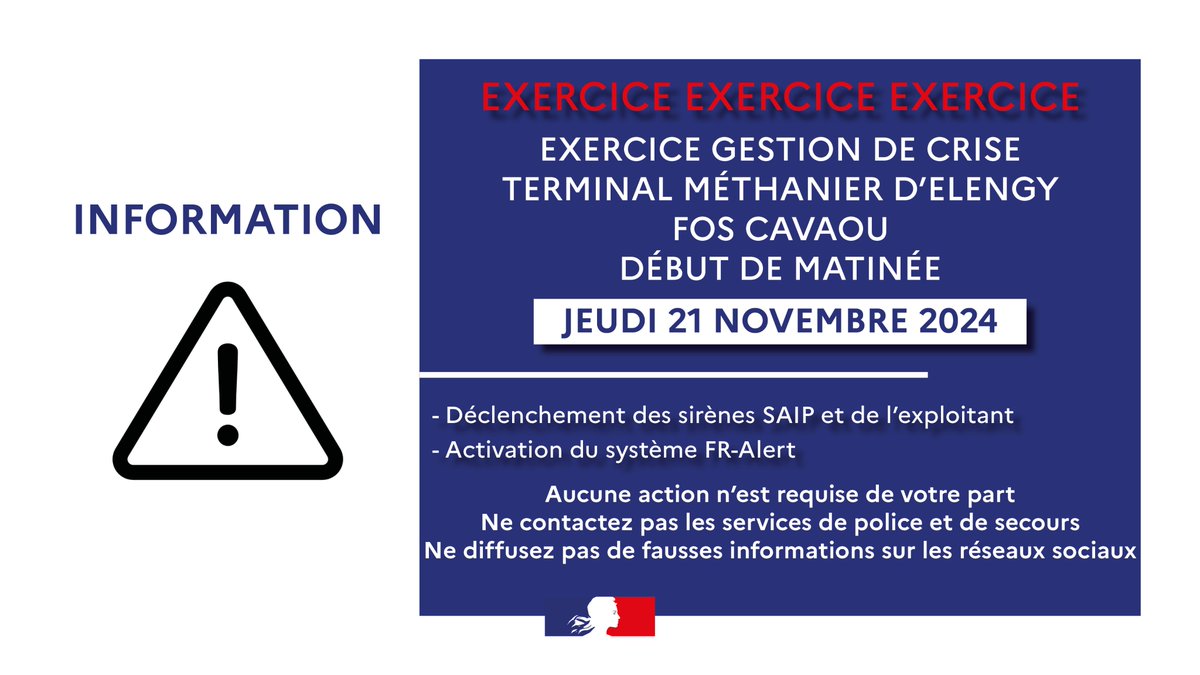 #Exercice | Un exercice de gestion de crise est en cours au sein du terminal méthanier d'#Elengy à #FosCavaou.
👉Si vous vous situez dans le périmètre de l'exercice, vous allez recevoir un message #FrAlert et entendre les #sirènes SAIP.
✅Pas d'inquiétude, il s'agit d'un