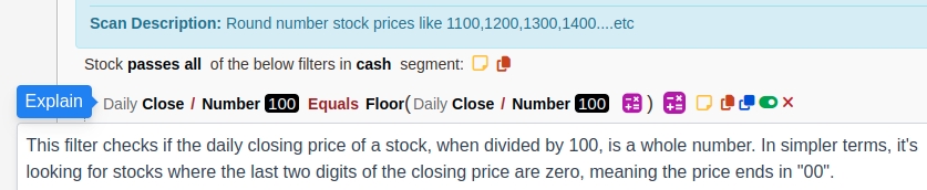 ChartinkConnect's tweet image. We have introduced the ability to explain the filters used in the scan, empowering you to master the art of decoding complex scan filters as you navigate thru any scan.