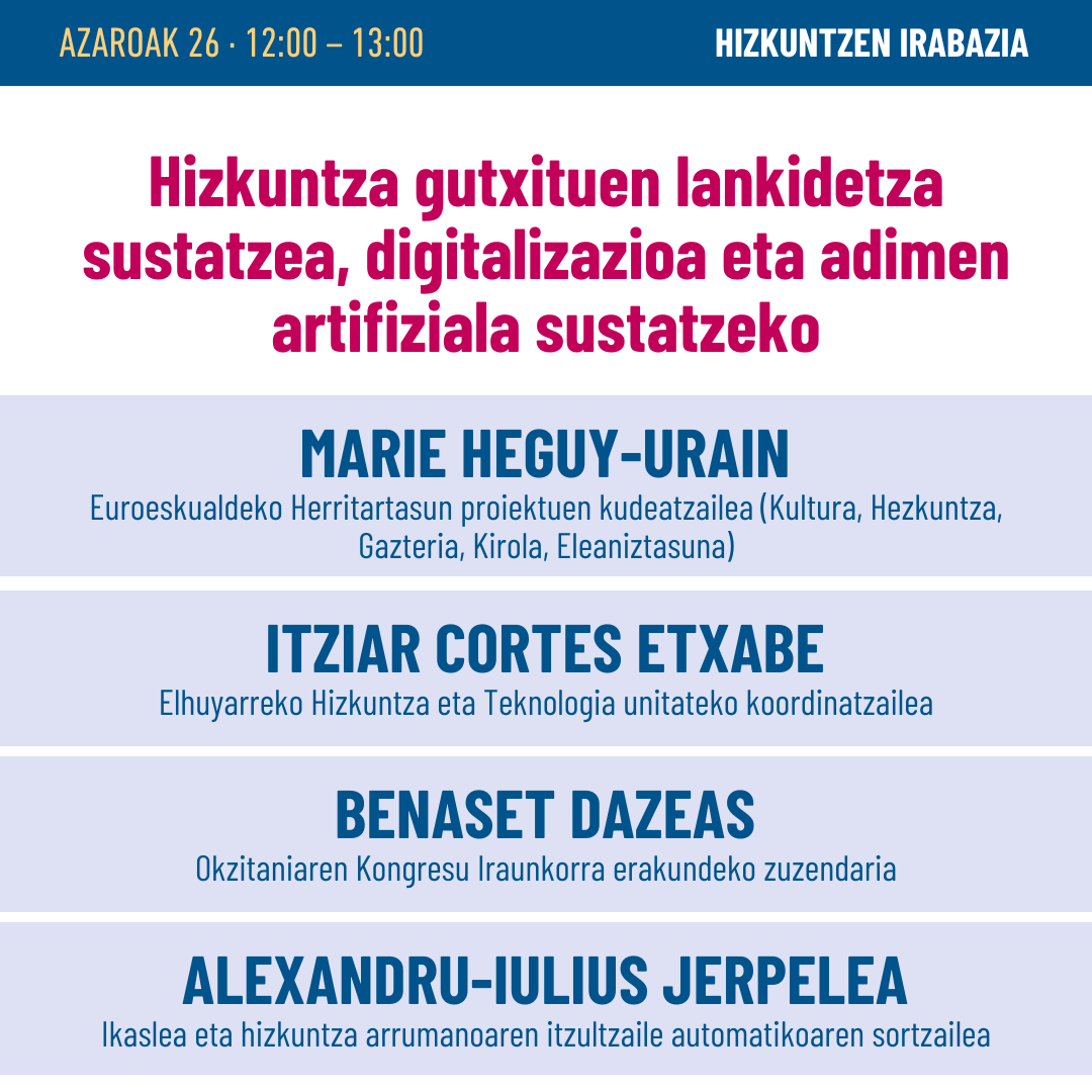 🗨️📈Helburua izanik hizkuntza gutxituak garatzea, panel honetan ikusiko dugu, zein ahalbide erabili dituen bakoitzak eta nola sustatu daitekeen lankidetza hizkuntza ezberdinak garatu daitezen.✍️🏽Izena emateko epea zabalik dago! hizkuntzenirabazia.eus