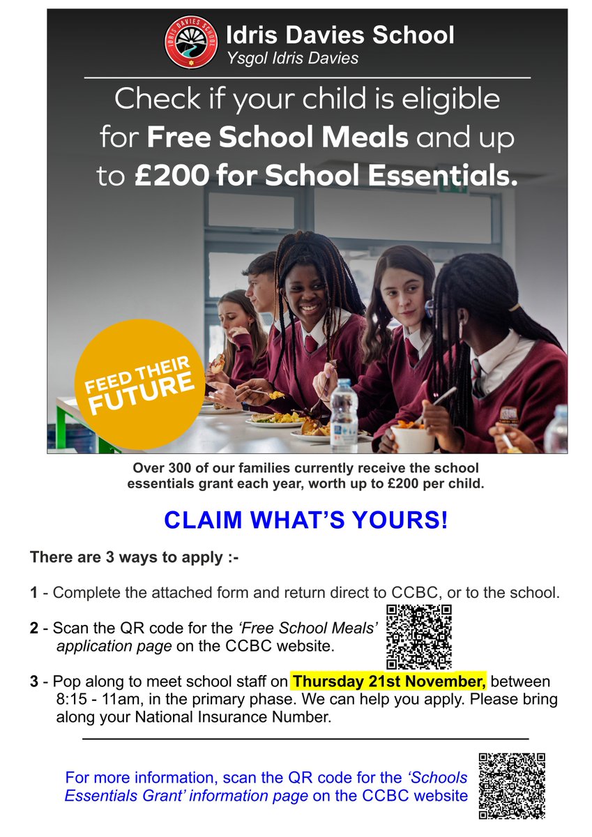 Is your child eligible for Free School Meals? They may also be eligible for the School Essentials Grant. Find out more information here: caerphilly.gov.uk/services/schoo…