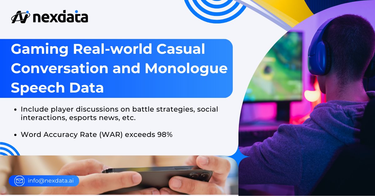 nexdata_ai's tweet photo. ๐ข Introducing the Nexdata: Gaming Real-world Casual Conversation and Monologue Speech Data๐ฎ
Learn more: https://t.co/gPIL0BbY69
#AI #OTSdata #SpeechRecognition #Gaming #ConversationalAI #SpontaneousDialogue #Nexdata #ASR #GDPR #CCPA https://t.co/0bNGH7duWa
