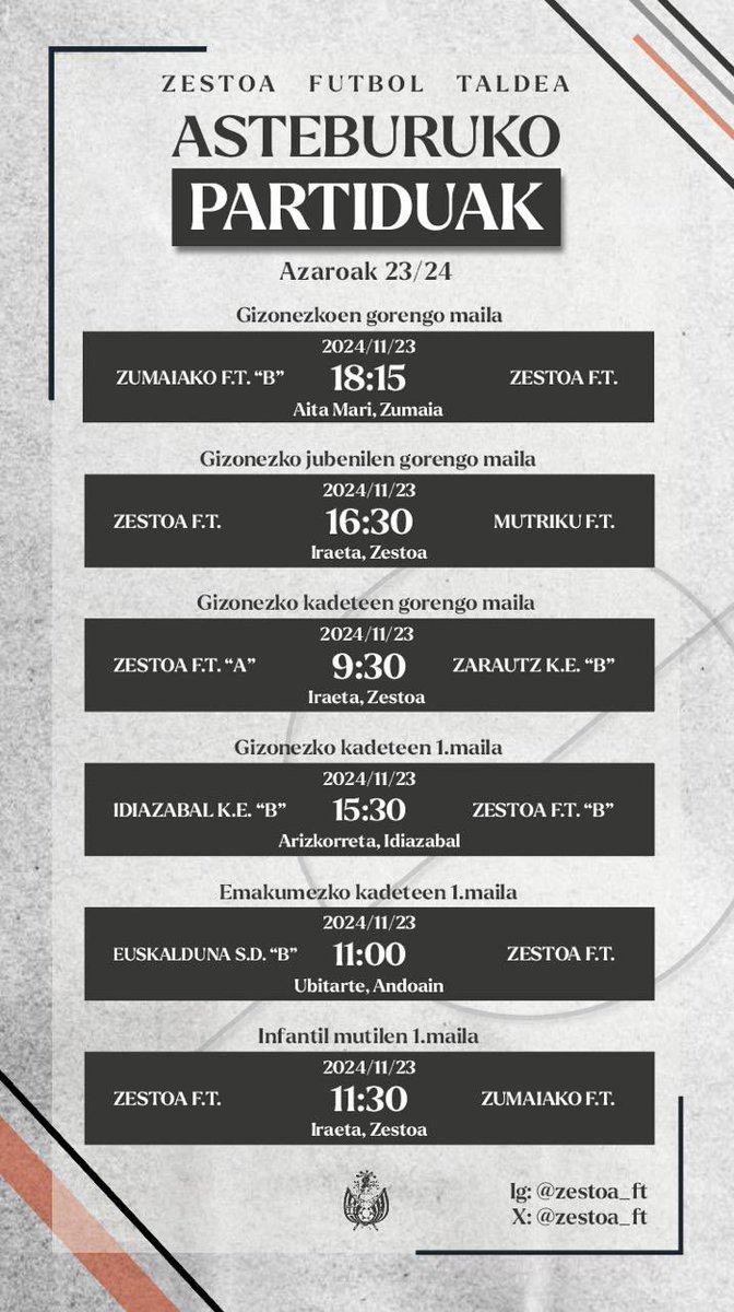 Hona hemen gure taldeek asteburuan izango dituzten partidak: