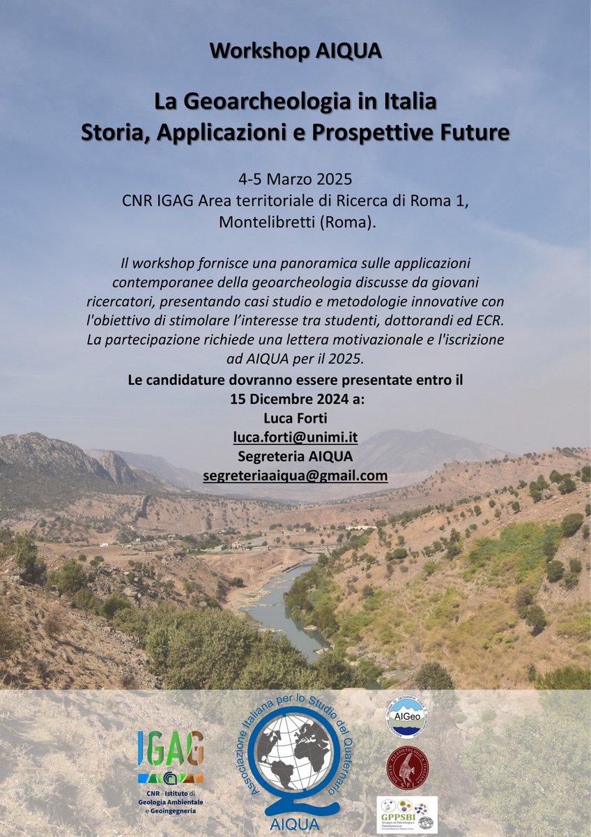 Cari amici del Quaternario,
vi invitiamo a partecipare al workshop AIQUA "La Geoarcheologia in Italia" che si svolgerà il 4-5 Marzo 2025 in presenza. 
Trovate tutte le informazioni e le modalità di partecipazione al link:

aiqua.it/index.php/atti…