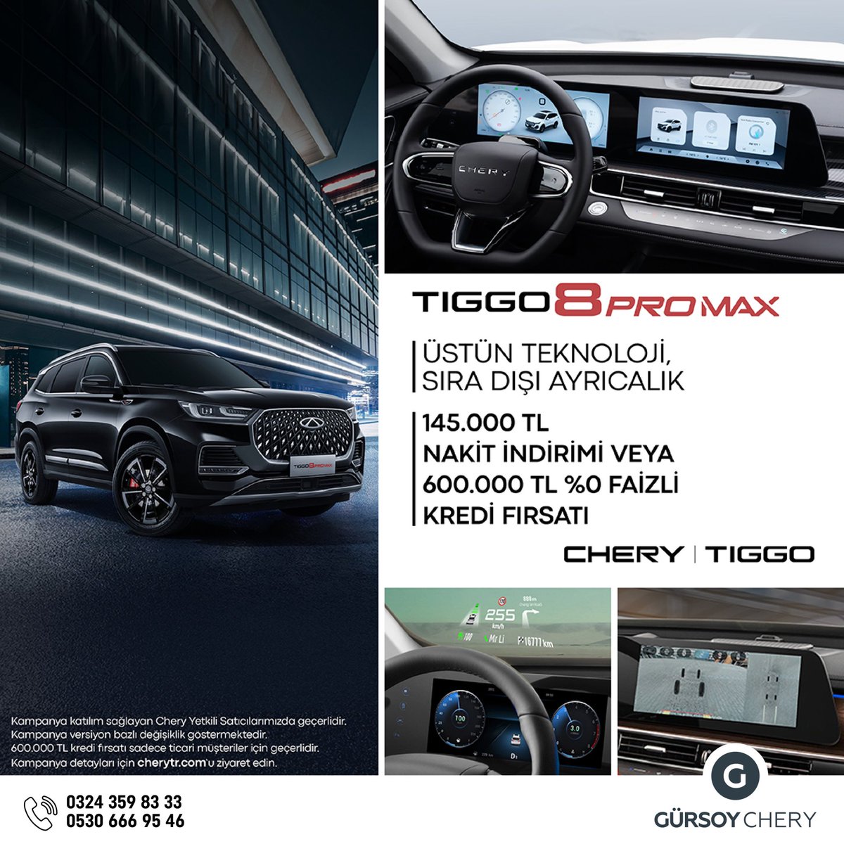 Geleceğin teknolojisi TIGGO8 PRO MAX’e, Kasım ayına özel 145.000 TL’ye varan nakit alım indirimi veya 600.000 TL %0 faizli kredi fırsatı ile hemen sahip olabilirsiniz.

#chery #mersinchery #cherymersin #cherytürkiye #gürsoygrup #gürsoyoto #tiggo8promax