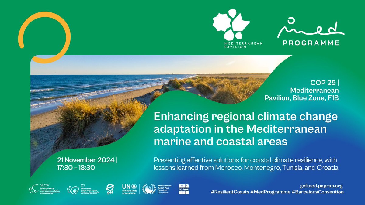 📢STAY TUNED!
✅Today at #COP29 the side event "Enhancing Regional Climate Change Adaptation in the Mediterranean Marine and Coastal Areas" organised by PAP/RAC - UNEP/MAP. #Mediterranean <a href="/COP29_AZ/">COP29 Azerbaijan</a>

🕗17:30 local time - 14:30 CET
