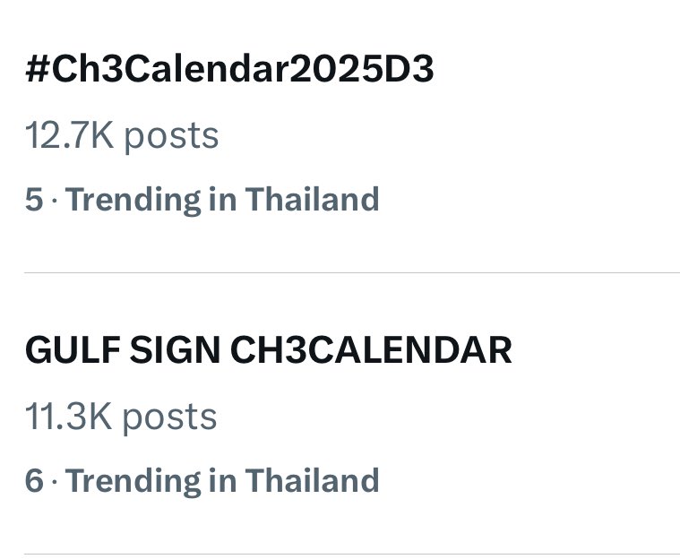 TRENDFORGULF1's tweet photo. No. 5 Thailand 🇹🇭 
#Ch3Calendar2025D3

No. 6 Thailand 🇹🇭 
GULF SIGN CH3CALENDAR https://t.co/dzxazCOH57
