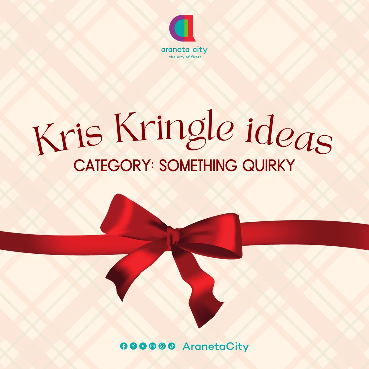 AranetaCity's tweet photo. Filed under: Something quirky (and cute) for Kris Kringle. 🎄✨

Ready to exchange more gifts? We got lots of Kris Kringle ideas for you!

Holiday Mall Hours:
⏰ Monday - Friday: 11AM - 10PM
⏰ Saturday - Sunday &amp; Holidays: 10AM - 10PM

#CityOfFirsts #AranetaCity #GatewayMall2 https://t.co/SpIrHQ4AQ2