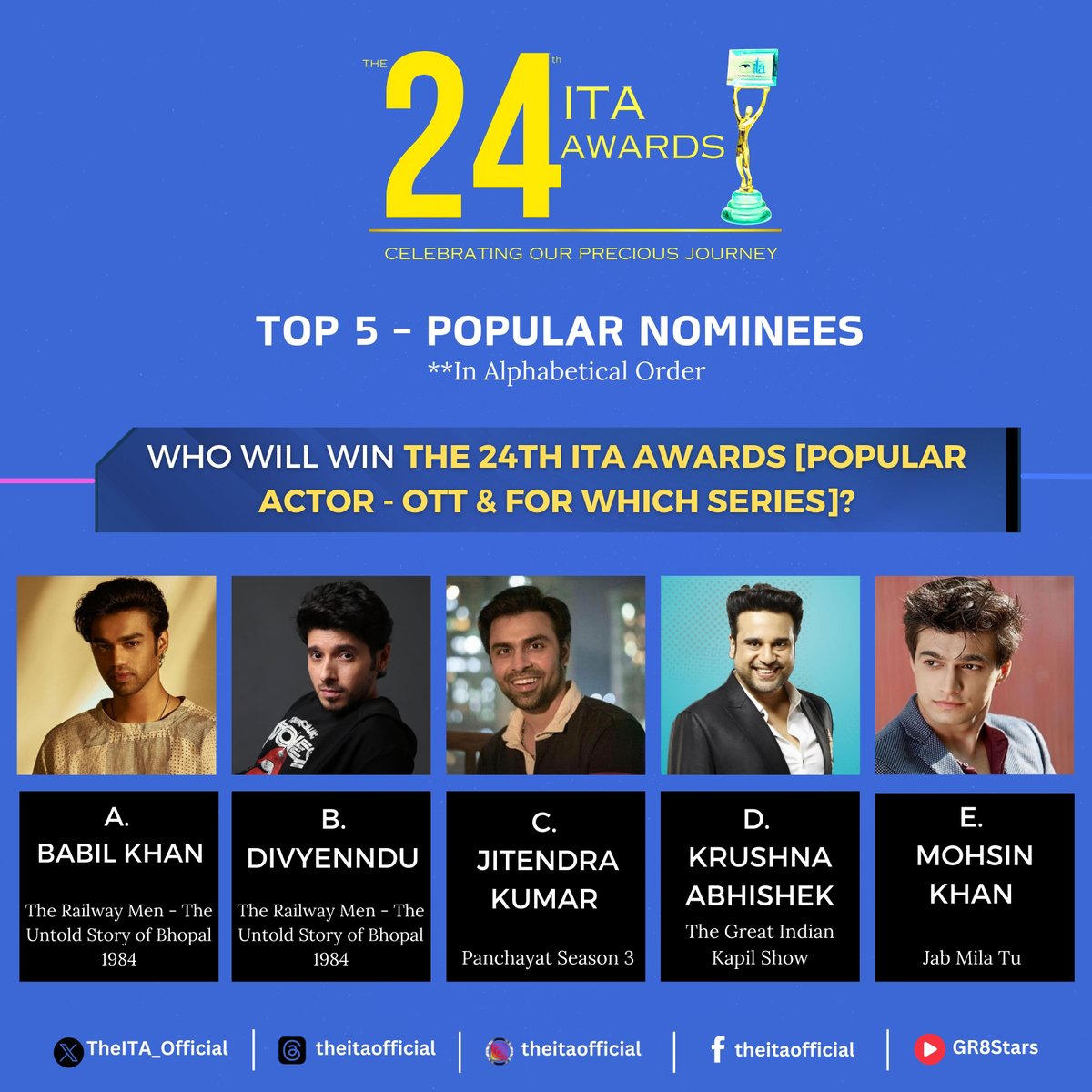 Top 5 Nominees: Popular Actor - OTT 

<a href="/Farjigulzar/">Jitendra kumar 🤟</a> <a href="/Krushna_KAS/">Krushna Abhishek</a>
 
 #ITAAwards #ITA2024