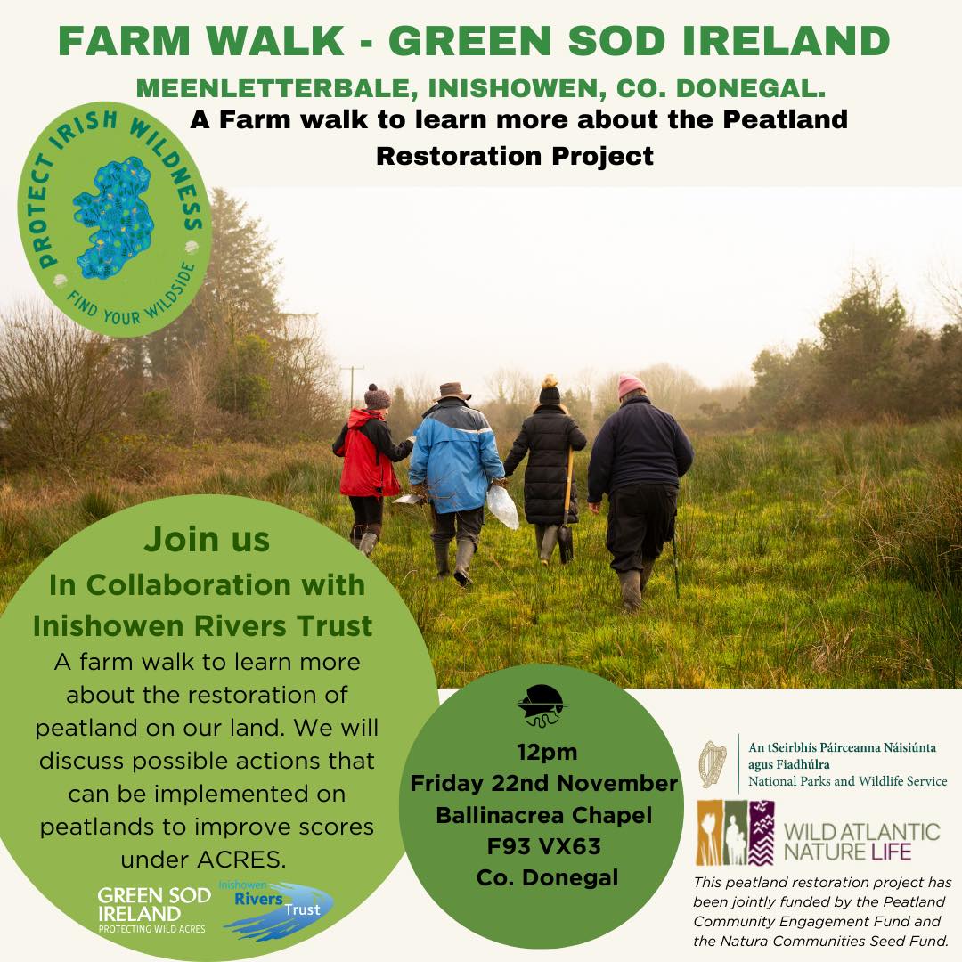 Join us tomorrow with Green Sod Ireland.  We will be learning about the restoration of peatland on Green Sod Ireland's site at Meenletterbale.  We will also be discussion actions to be taken to improve your ACRES scores
Time:  12:00
Location:  F93 VX63
 
#PeatlandRestoration