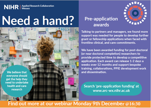SHFT_Research's tweet image. The ARC Wessex Pre-application funding awards are now open for applications and will and close at 11pm on 13th January 2025.
Live Q&A session on 9th December 16:30 – 17:30. For more information: arc-wx.nihr.ac.uk/pre-applicatio…
