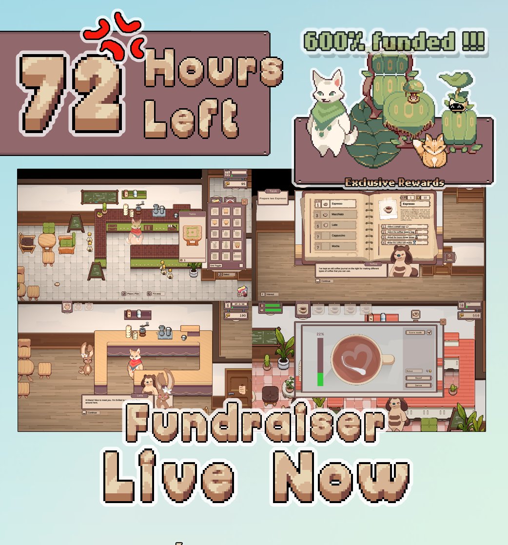 Only thanks to the community Tailside has gotten this far and I hope will continue to grow!🌼

Current fundraiser chapter of the game is about to close in less than 72 hours. Come check out achieved stretch goals and if you like them, back up the game for more cute rewards! 🌼☕️