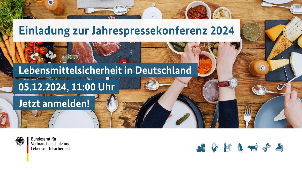 📅 SAVE THE DATE:
Jahrespressekonferenz 2024
„Lebensmittelsicherheit in Deutschland“

Am 05.12.2024, 11:00 Uhr, stellen das <a href="/BVL_Bund/">BVL</a> und die Bundesländer in Berlin aktuelle Ergebnisse der #Lebensmittelüberwachung vor. 

➡️  Anmeldung unter bvl.bund.de/pk2024