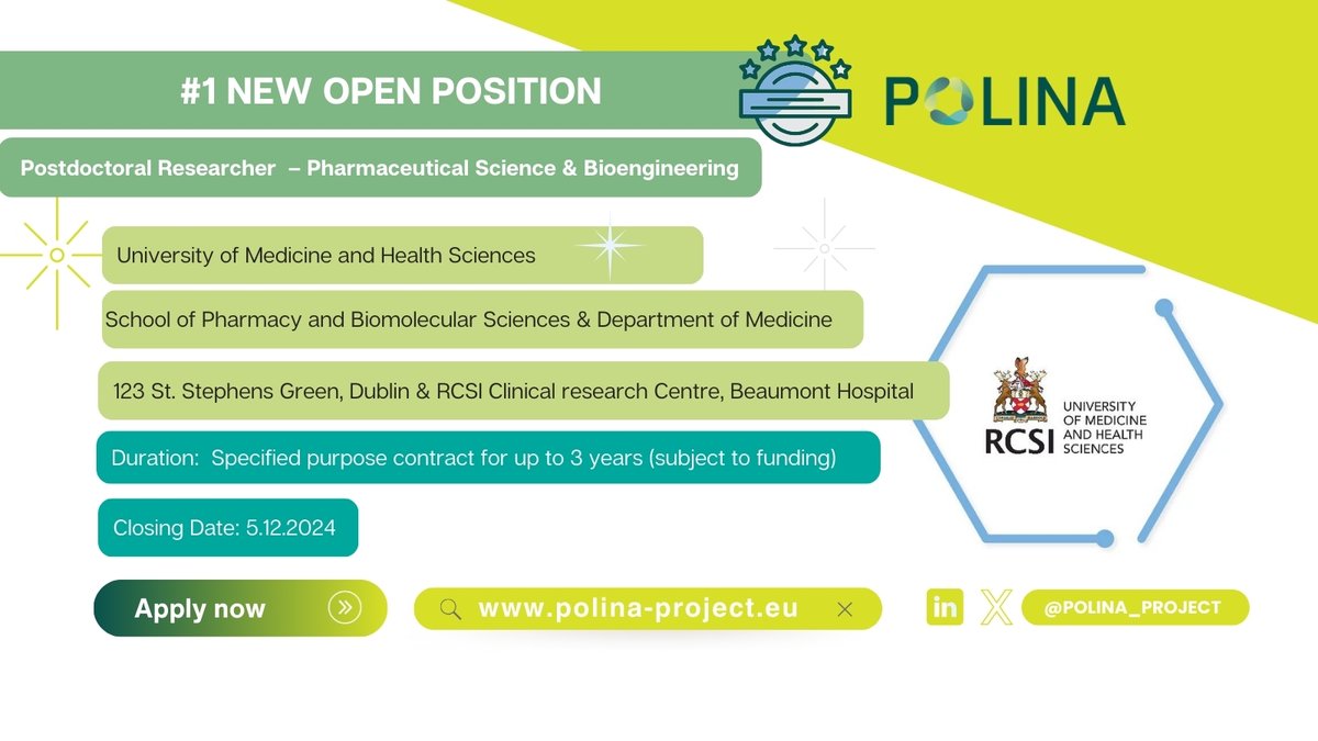 POLINA project (@polinaproject) on Twitter photo ๐ New Open Positions at @RCSI_Irll to join the <a href="/POLINAproject/">POLINA project</a>!
๐ฉโโ๏ธ๐งโโ๏ธPostdoctoral Researcher & Research Assistant! โณ๏ธ Both positions will be in the School of Pharmacy and Biomolecular Sciences and Department of Medicine!
๐ Learn more and apply on time: polina-project.eu/jobs/ ๐ New Open Positions at @RCSI_Irll to join the <a href="/POLINAproject/">POLINA project</a>!
๐ฉโโ๏ธ๐งโโ๏ธPostdoctoral Researcher & Research Assistant! โณ๏ธ Both positions will be in the School of Pharmacy and Biomolecular Sciences and Department of Medicine!
๐ Learn more and apply on time: polina-project.eu/jobs/