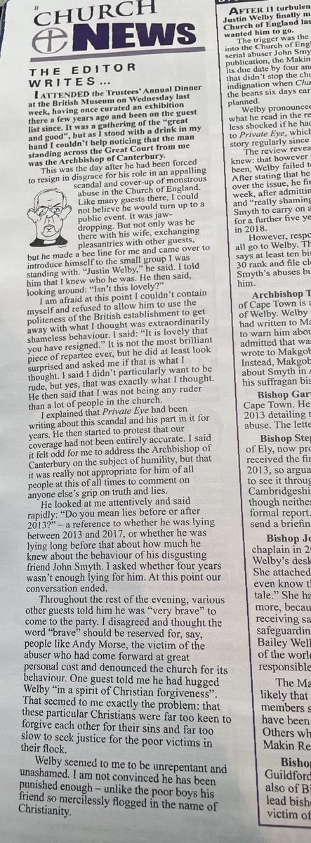 Strongly-worded column here from Ian Hislop about Justin Welby's appearance at a British Museum trustees' dinner the day after he announced his resignation