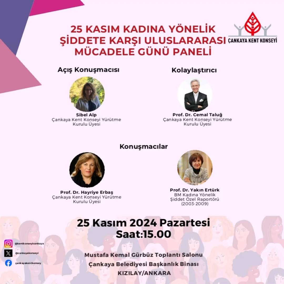 dtcfsosyoloji_resmi (@audtcfsosyoloji) on Twitter photo Bölümümüz mensuplarından Prof. Dr. Hayriye Erbaş (<a href="/hayriyeerbas3/">Hayriye Erbaş</a>) 25 Kasım 2024 Pazartesi günü Çankaya Kent Konseyi'nin düzenlediği "25 Kasım Kadına Yönelik Şiddete Karşı Uluslararası Mücadele Günü Paneli"ne konuşmacı olarak katılacaktır. Bölümümüz mensuplarından Prof. Dr. Hayriye Erbaş (<a href="/hayriyeerbas3/">Hayriye Erbaş</a>) 25 Kasım 2024 Pazartesi günü Çankaya Kent Konseyi'nin düzenlediği "25 Kasım Kadına Yönelik Şiddete Karşı Uluslararası Mücadele Günü Paneli"ne konuşmacı olarak katılacaktır.