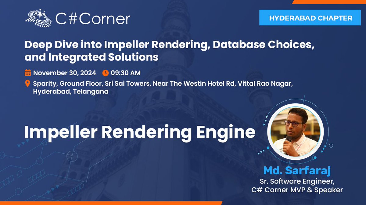 CsharpCorner's tweet photo. Are you ready to explore Impeller Rendering Engine? Join @yourmdsarfaraj at @CsharpCorner Hyderabad Chapter Meet on Nov 30 for an in-depth session. See you there!

Register now: https://t.co/G43T17nqr4 

#TechMeet #HyderabadTech #CsharpCorner #developers https://t.co/0c1vpAwBa2