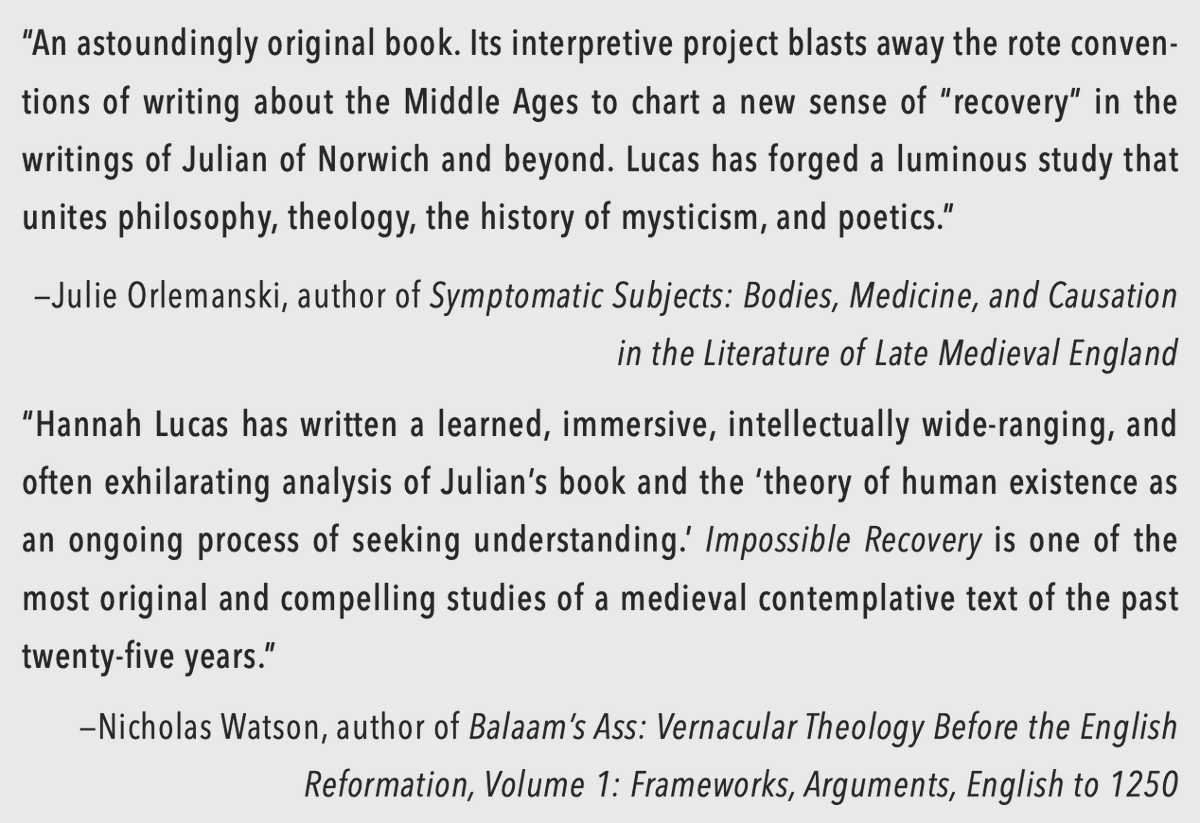 Dr Hannah Lucas (hannahalucas.bsky.social) (@hannahalucas) on Twitter photo My book on Julian of Norwich and well-being is now available to preorder with a discount from <a href="/ColumbiaUP/">Columbia University Press</a>! Code: CUP20
I'm hugely grateful for very generous endorsements from Rowan Williams, Liz Herbert McAvoy, <a href="/julieorlemanski/">Julie Orlemanski</a>, and Nicholas Watson.
cup.columbia.edu/book/impossibl… My book on Julian of Norwich and well-being is now available to preorder with a discount from <a href="/ColumbiaUP/">Columbia University Press</a>! Code: CUP20
I'm hugely grateful for very generous endorsements from Rowan Williams, Liz Herbert McAvoy, <a href="/julieorlemanski/">Julie Orlemanski</a>, and Nicholas Watson.
cup.columbia.edu/book/impossibl…