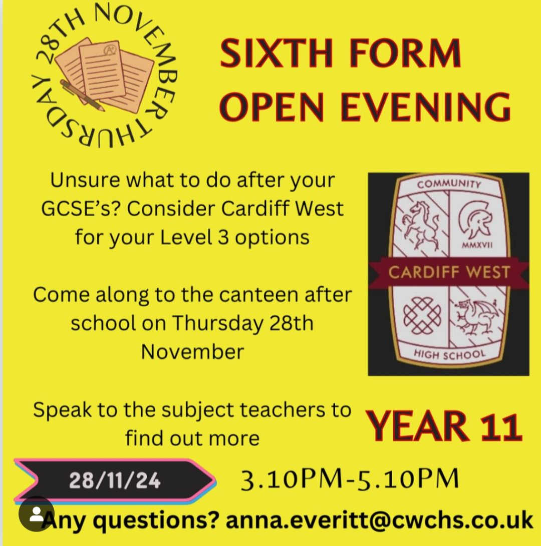 Wondering what to do after your GCSE's? Come along to our 6th Form open evening on Thursday 28th November! 3.10-5.10! See you there!