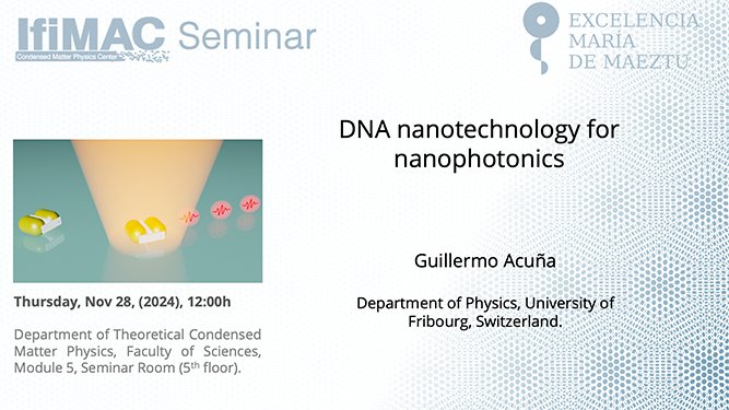 🗓️Seminar Thursday 28th at 12h, Faculty of Science, Seminar Room Module 5. Guillermo Acuña <a href="/unifr/">Uni Fribourg</a> will talk about DNA nanotechnology for nanophotonics. See you there!👇
ifimac.uam.es/ifimac-seminar…