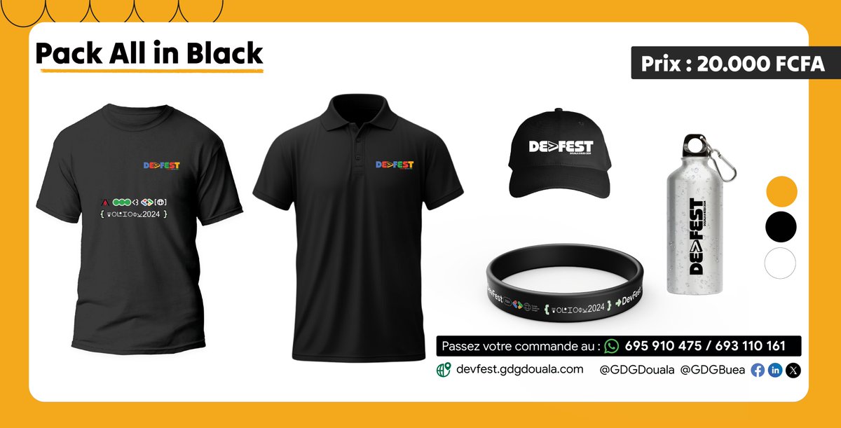 GDGDouala's tweet photo. 🎁𝐋𝐞𝐬 𝐠𝐨𝐨𝐝𝐢𝐞𝐬 𝐝𝐮 𝐃𝐞𝐯𝐅𝐞𝐬𝐭 𝟐𝟎𝟐𝟒 𝐬𝐨𝐧𝐭 𝐥𝐚̀!
Les quantités sont limitées, alors faites vite pour vous procurer le vôtre et afficher fièrement vos couleurs DevFest.

📅Réservez vos places et prenez votre pack dès maintenant ici https://t.co/UAdDjypvqY https://t.co/JzcYxRcmOo