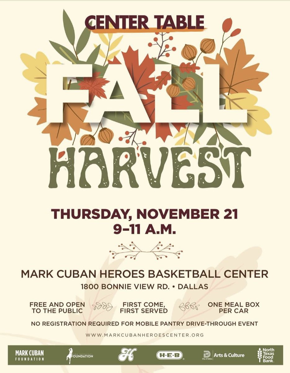 Southern Dallas County residents in Oak Cliff, (Cedar Crest) &amp; South Dallas we look forward to you joining us for our 4th Annual Thanksgiving food distribution @ Mark Cuban Heroes Basketball Center today (9-11 a.m.)
