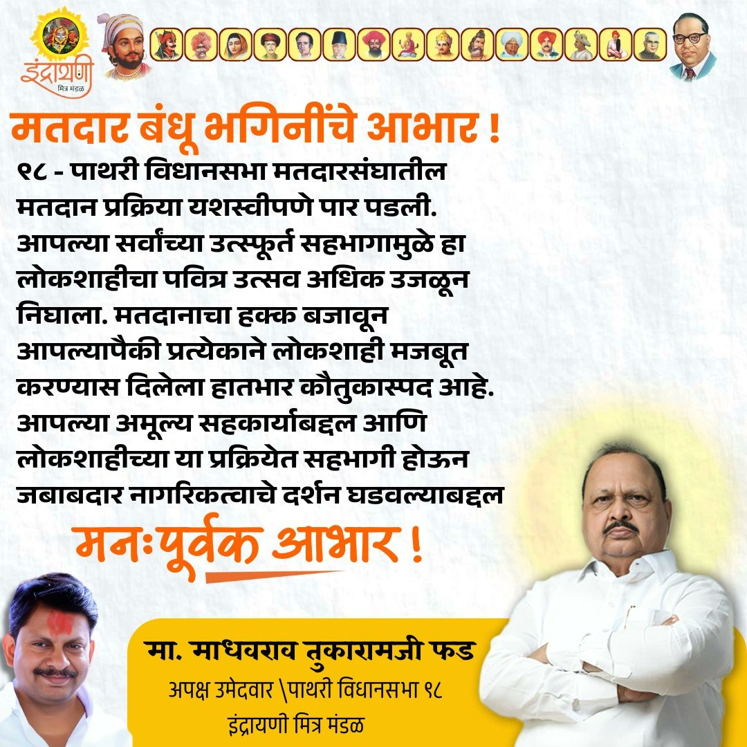 मतदार बंधू भगिनींचे आभार !

#pathri #vidhansabha #lokshahi #vote #Election2024