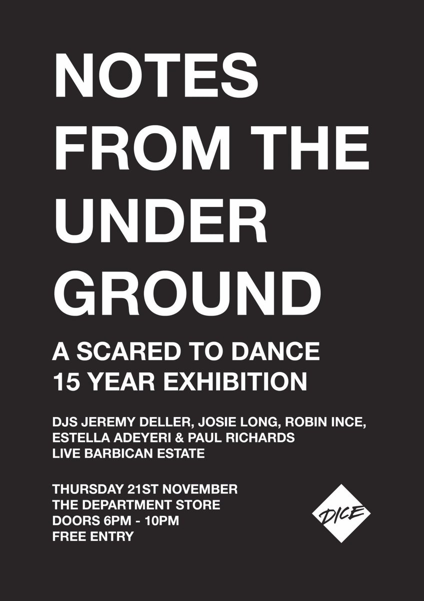 Scared To Dance (@scaredtodance) on Twitter photo We are delighted to welcome you to our Notes From The Underground exhibition tonight at The Department Store!
<a href="/JosieLong/">Josie Long</a> will be behind the decks at 6pm followed by special guest DJ sets and <a href="/BarbicanEstateM/">Barbican Estate</a> live. We are sold out. We recommend arriving early to guarantee entry. We are delighted to welcome you to our Notes From The Underground exhibition tonight at The Department Store!
<a href="/JosieLong/">Josie Long</a> will be behind the decks at 6pm followed by special guest DJ sets and <a href="/BarbicanEstateM/">Barbican Estate</a> live. We are sold out. We recommend arriving early to guarantee entry.