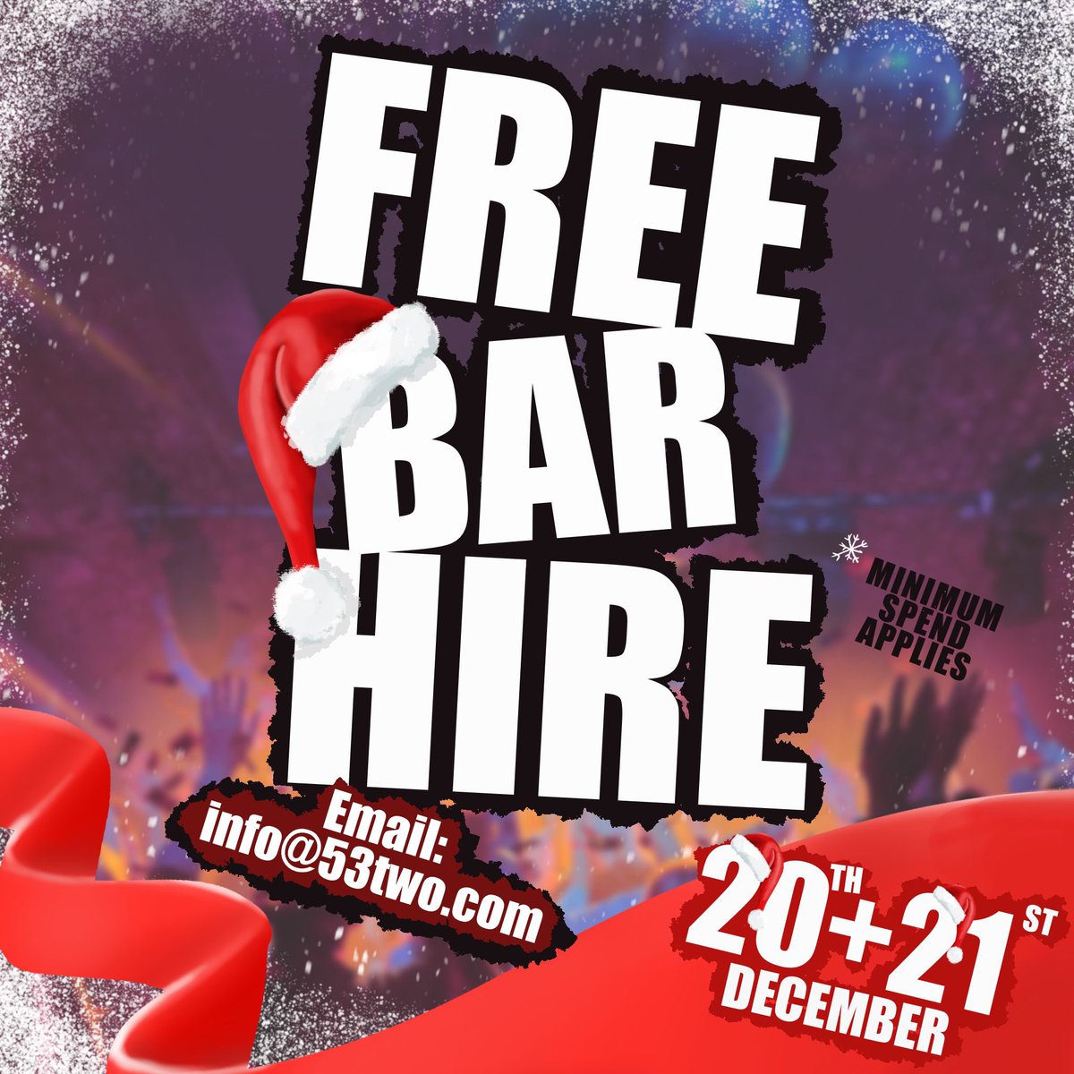 53two (@53two) on Twitter photo Still looking for your #Xmas party venue? π
π»
Weβve got just TWO DATES LEFT & the bar is yours for FREE* so pull on your #Christmas jumpers & get festive in the arches. π
Email info@53two.com for info! ππ
*Minimum spend required
#Manchester #Party #Venue Still looking for your #Xmas party venue? π
π»
Weβve got just TWO DATES LEFT & the bar is yours for FREE* so pull on your #Christmas jumpers & get festive in the arches. π
Email info@53two.com for info! ππ
*Minimum spend required
#Manchester #Party #Venue