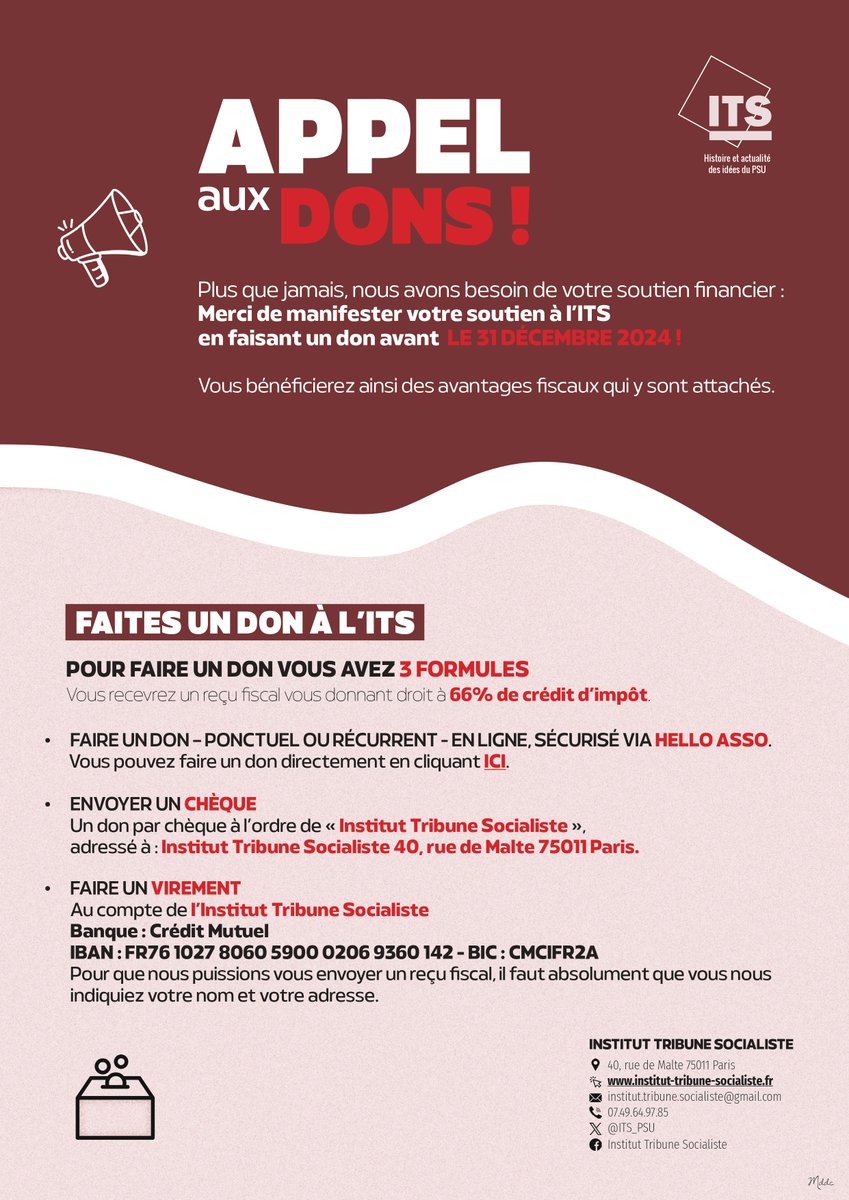 📢💸En cette fin d'année, l'ITS a plus que jamais besoin de vous pour financer ses activités ! Si vous souhaitez nous soutenir, vous avez trois formules dont l'option Hello Asso ➡️ helloasso.com/associations/i…
Merci d'avance pour vos contributions !