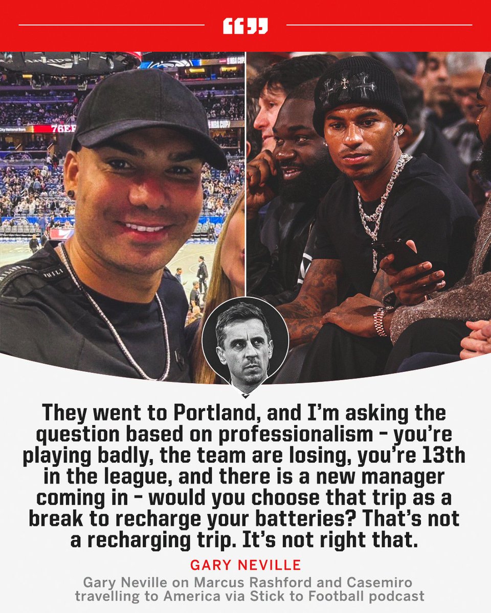 ESPNUK's tweet image. Gary Neville believes Marcus Rashford and Casemiro's trip to America during the international break was a poor decision. 👀
